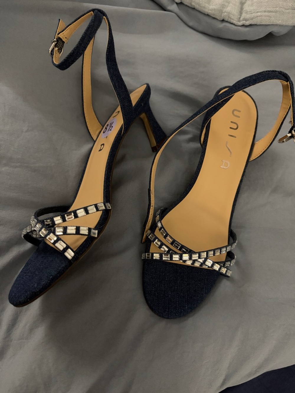 Unisa Dark Navy Denim Beaded Ankle-Strap Heels